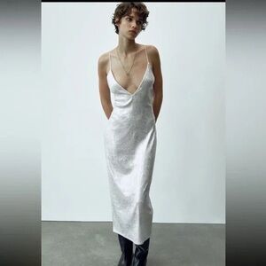 BRAND NEW ZARA Tags Attached MIDI Metallic Silver Dress Size Small stretchy